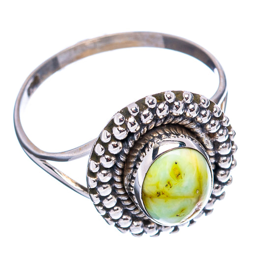 Sterling silver ring, size 6, with oval yellow-green turquoise cabochon and beadwork