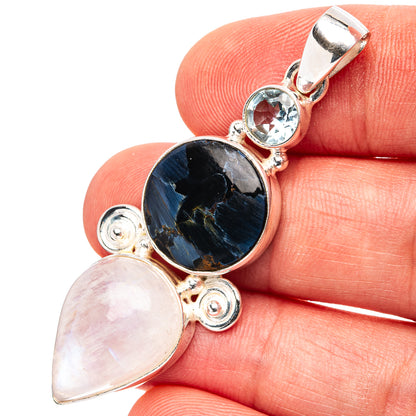 Premium Pietersite, Rainbow Moonstone, Blue Topaz Pendant 2 1/8" (.925 Sterling Silver)