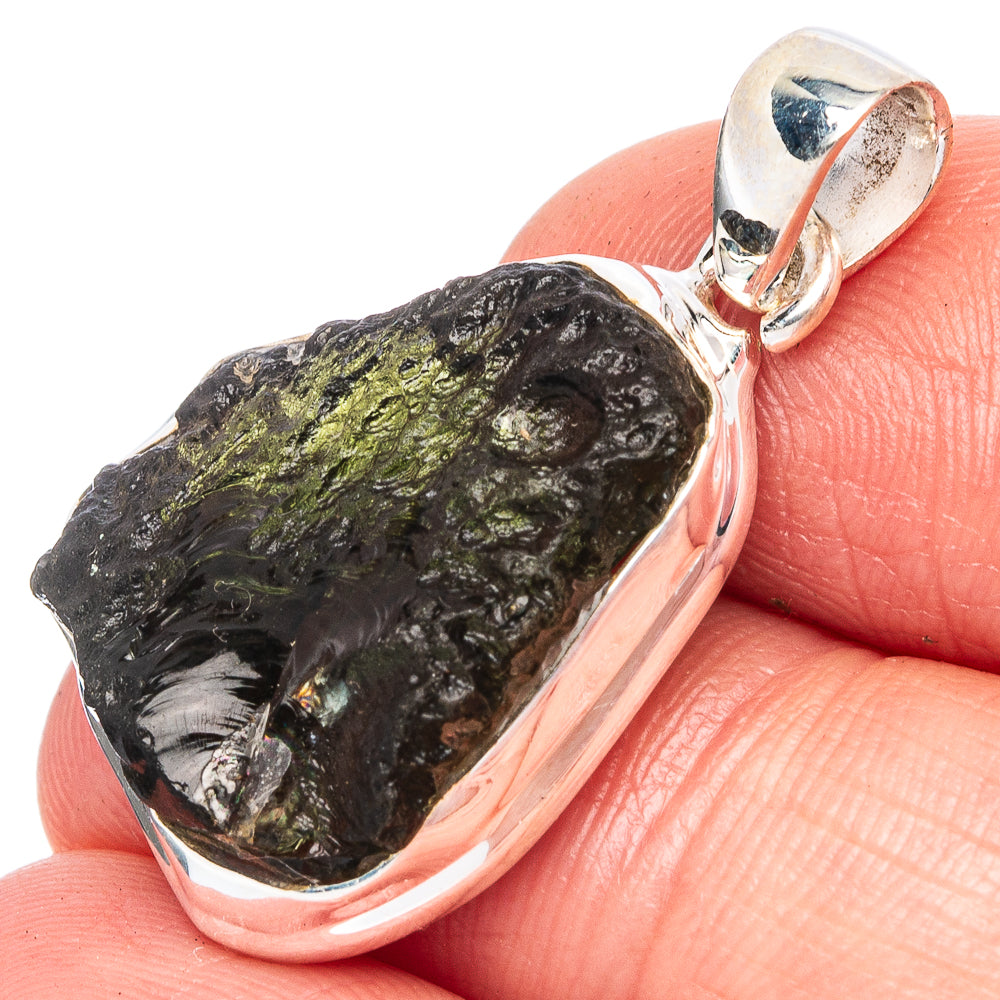 Rare moldavite pendant in 925 sterling silver, dark green stone with silver bezel