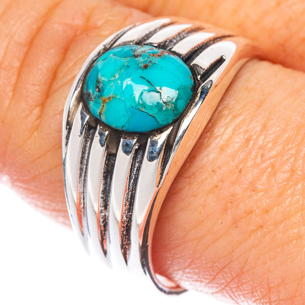 Turquoise cabochon 925 sterling silver ring, oval stone with ridged etched band