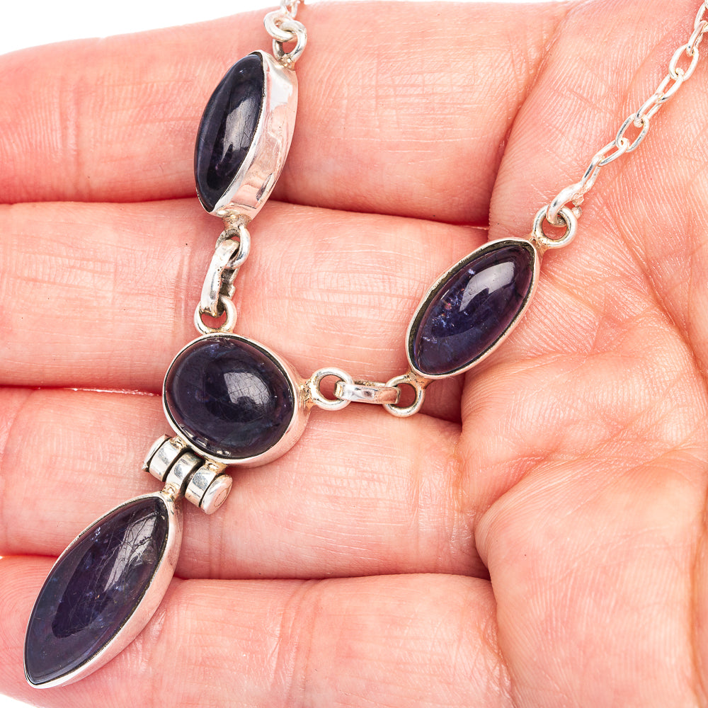 925 sterling silver iolite pendant necklace with oval blue stones and chain links