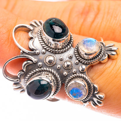 Large Green Onyx, Rainbow Moonstone Ring Size 6.5 (925 Sterling Silver) R141421