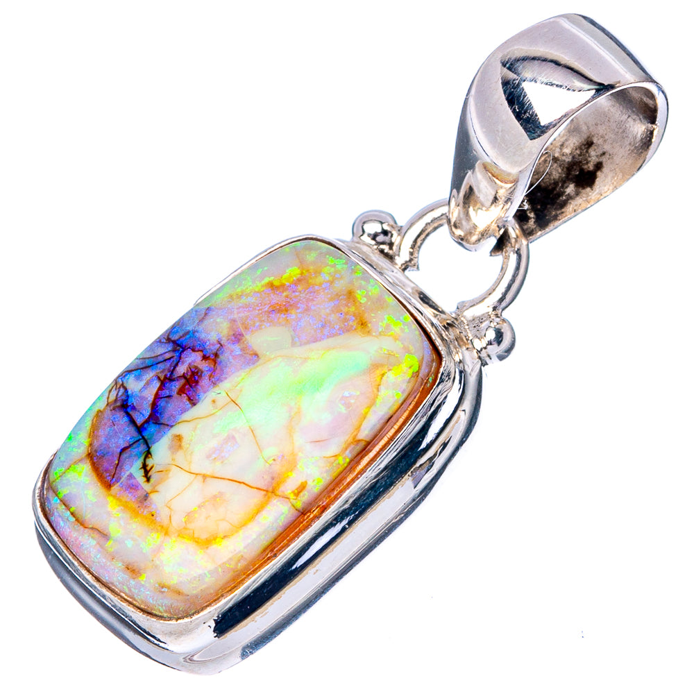 Rectangular sterling silver opal pendant with multicolor mosaic pattern and bail