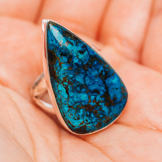 Sterling silver Shattuckite teardrop ring with blue stone and slim band
