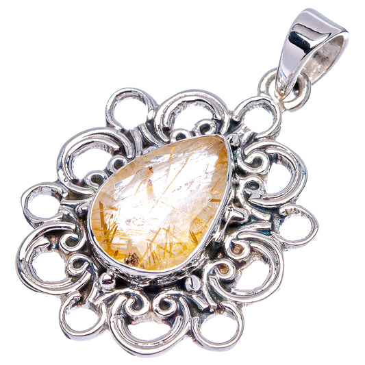 Sterling silver rutilated quartz teardrop pendant, openwork scroll setting with yellow-gold crystal