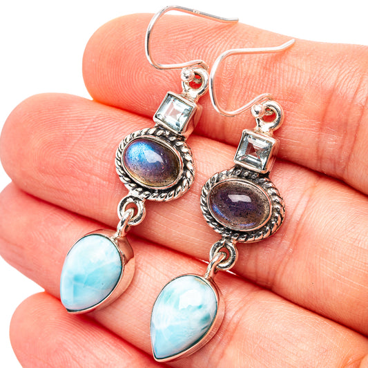 Blue topaz and labradorite dangle earrings with larimar teardrop, .925 sterling silver hooks