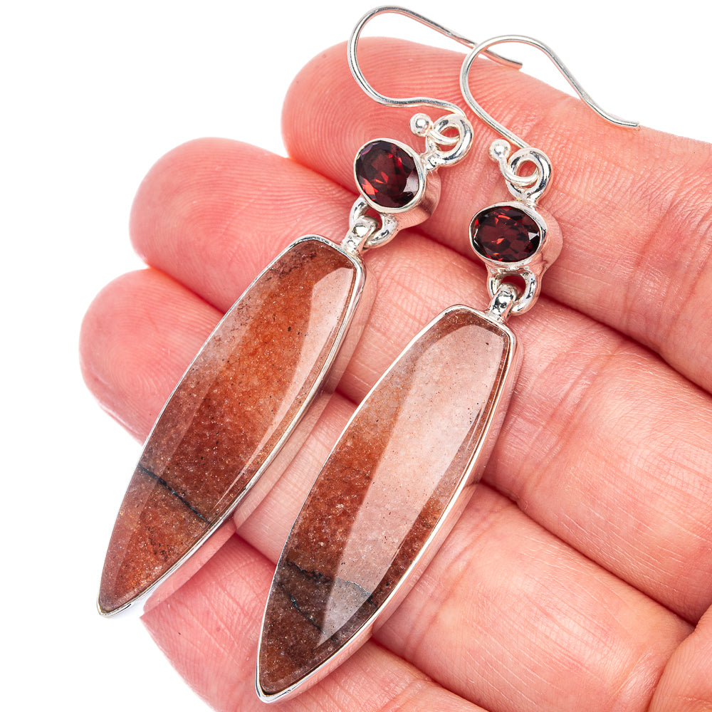 Sunstone, Garnet Earrings 2 1/2" (925 Sterling Silver) E433046