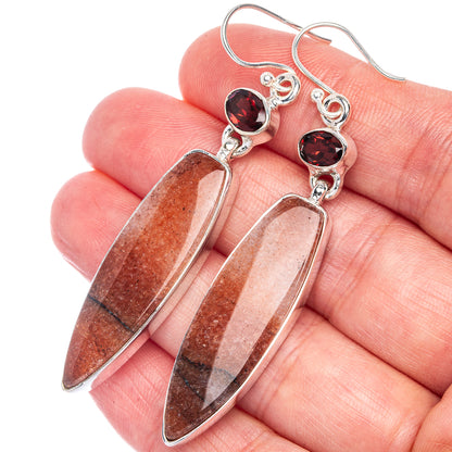 Sunstone, Garnet Earrings 2 1/2" (925 Sterling Silver) E433046