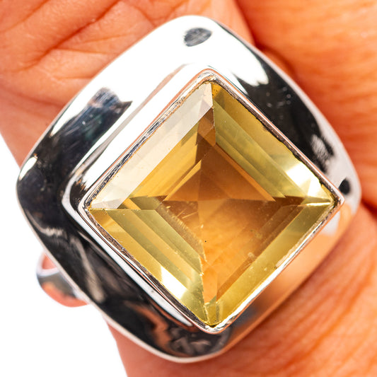 Sterling silver ring with square lemon quartz gemstone bezel setting