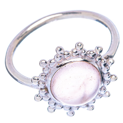 Sterling silver ring with round rose quartz cabochon and raised bead halo, size 5.25