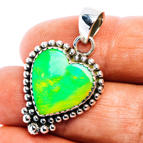 Green Aurora Opal Heart Pendant 1 3/8" (.925 Sterling Silver)