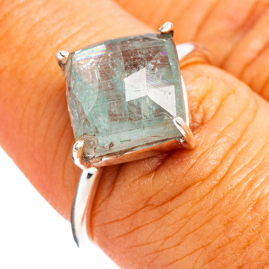 Faceted aquamarine ring in sterling silver, square cushion stone with four prongs