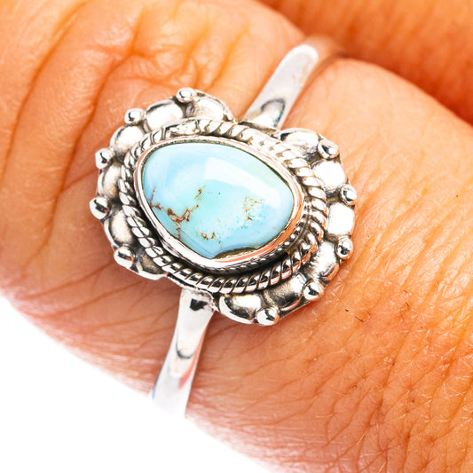 Turquoise cabochon sterling silver ring with ornate oval bezel, size 9