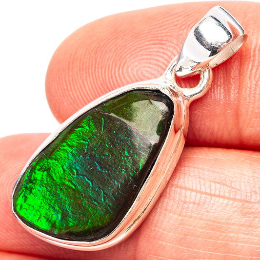 Ammolite pendant in .925 sterling silver with oval bezel, vivid green iridescent stone.