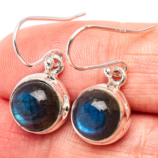 Labradorite drop earrings in .925 sterling silver, round dark blue cabochons
