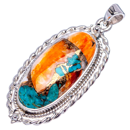 Oval spiny oyster turquoise pendant with bail, orange, teal, and silver prong bezel