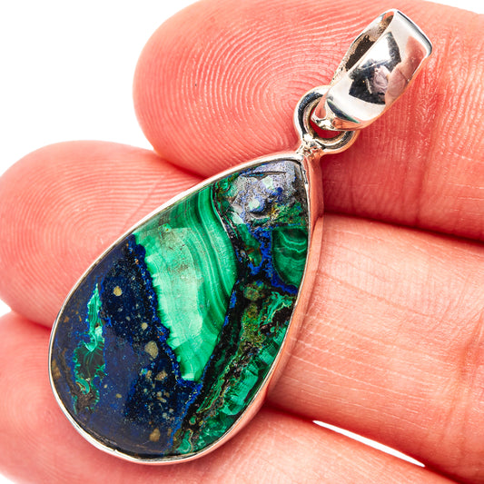 Teardrop azurite-malachite pendant in silver bezel with top loop, glossy green blue.