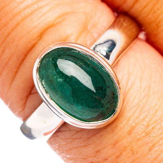 Oval green emerald set in silver ring, size 8, 925 sterling, bezel setting