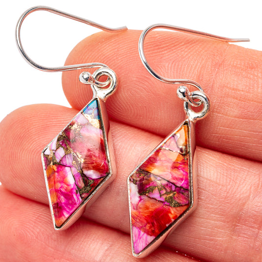 Triangular dangle earrings with pink-magenta multicolor stone and .925 silver hooks
