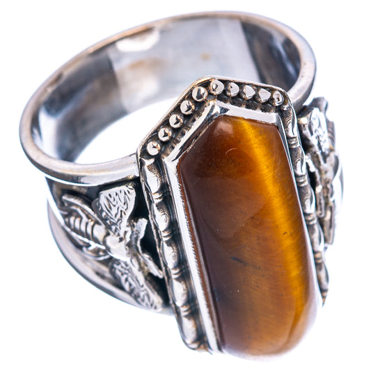 Sterling silver tiger's eye ring, rectangular amber-gold stone on detailed side band
