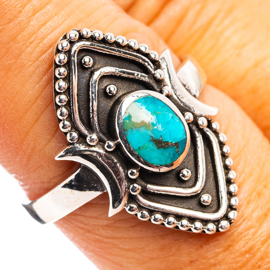 Sterling silver turquoise statement ring with oval turquoise stone and bead trim