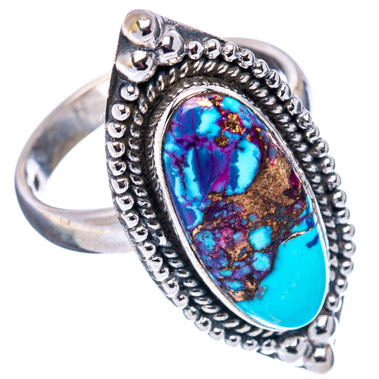 Oval turquoise and purple copper inlay sterling silver ring with rope-style border
