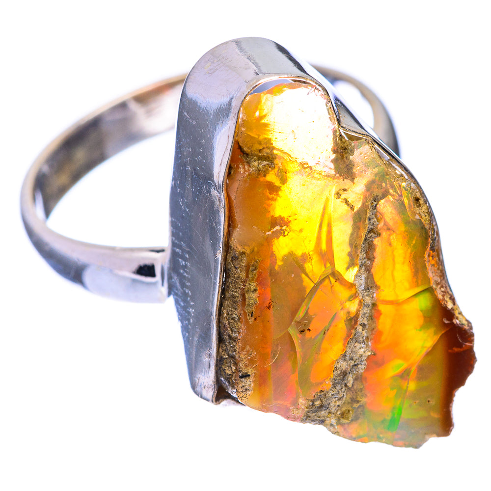 Raw Ethiopian opal ring, sterling silver band with amber-yellow opal and rainbow flashes