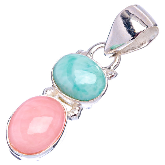 Sterling silver pendant with oval pink opal and larimar stones, full view
