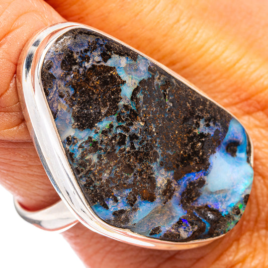 Sterling silver boulder opal ring, large teardrop stone with blue veining, size 9