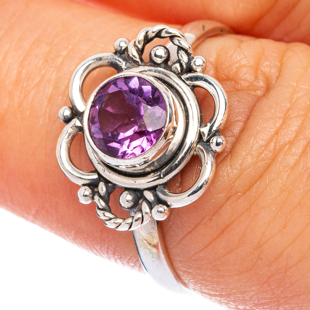 Faceted amethyst dainty ring in 925 sterling silver with purple oval gemstone, ornate setting
