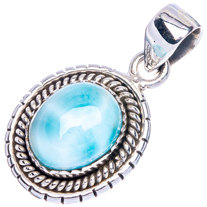 Oval Larimar gemstone pendant, 925 sterling silver ornate border with loop bail.