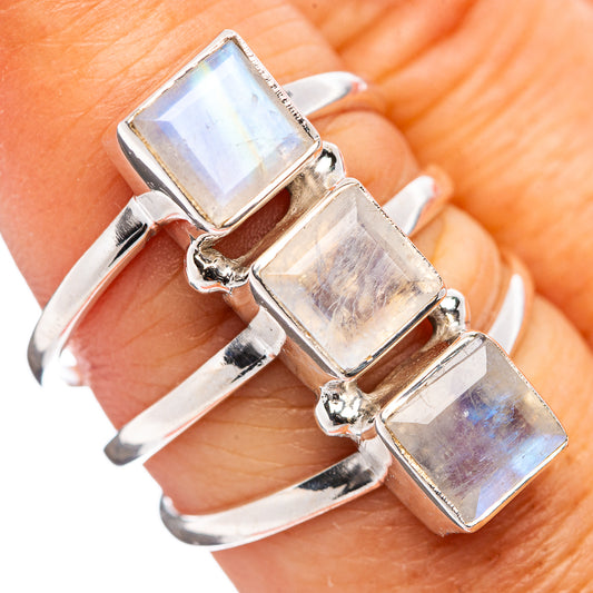 Rainbow moonstone ring, .925 sterling silver band with three square stones