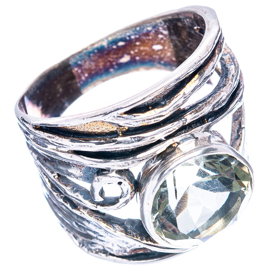 Green amethyst sterling silver ring, side profile with wavy swirl band and oval stone