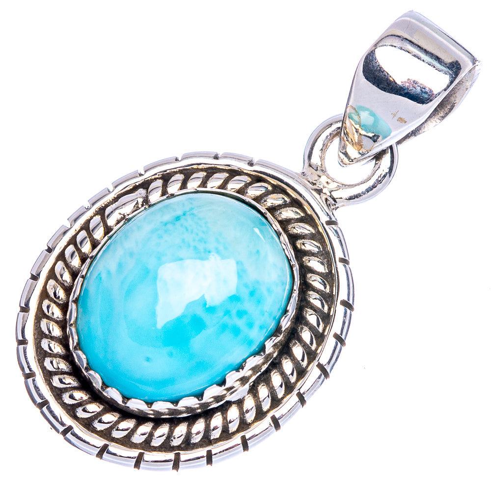 Oval larimar cabochon pendant, 925 sterling silver filigree bezel and bail