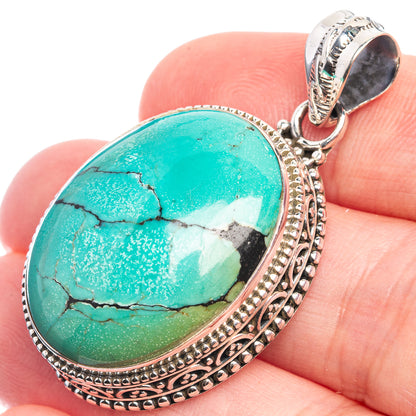 Tibetan Turquoise 925 Sterling Silver Pendant 1 5/8"