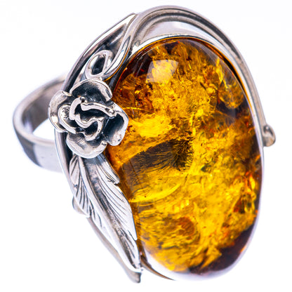 925 sterling silver ring with oval amber cabochon and ornate vine settings