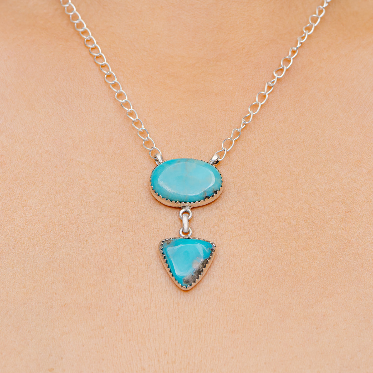 Southwestern Style Hachita Turquoise Necklace 21" (.925 Sterling Silver)