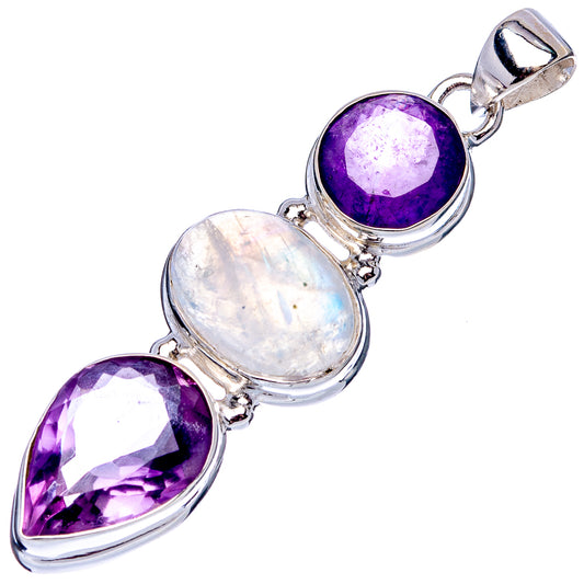 Sterling silver pendant with three oval stones: amethyst and moonstone, hinged bail loop