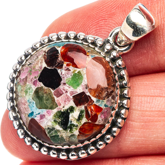 925 sterling silver tourmaline matrix pendant, round bezel with multicolor mosaic gems