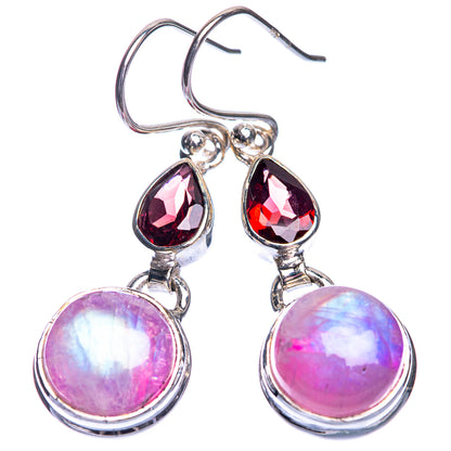 925 sterling silver drop earrings: pink moonstone discs with red garnet teardrops.
