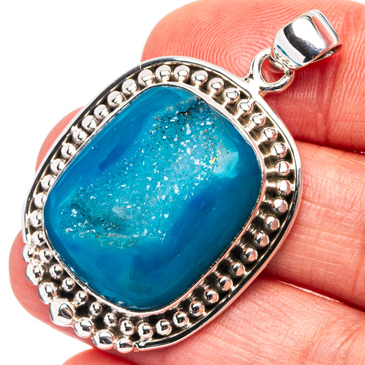 Blue drusy agate pendant with oval teal stone in .925 sterling silver scalloped bezel