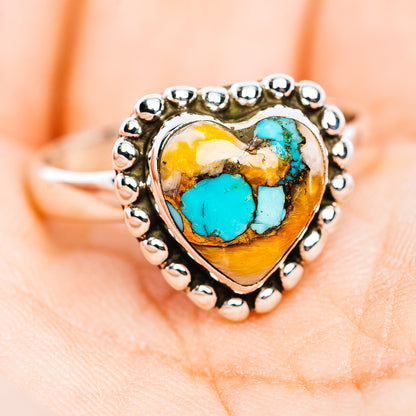 Southwestern Style Spiny Oyster Turquoise Heart Ring Size 9 Adjustable (.925 Sterling Silver)