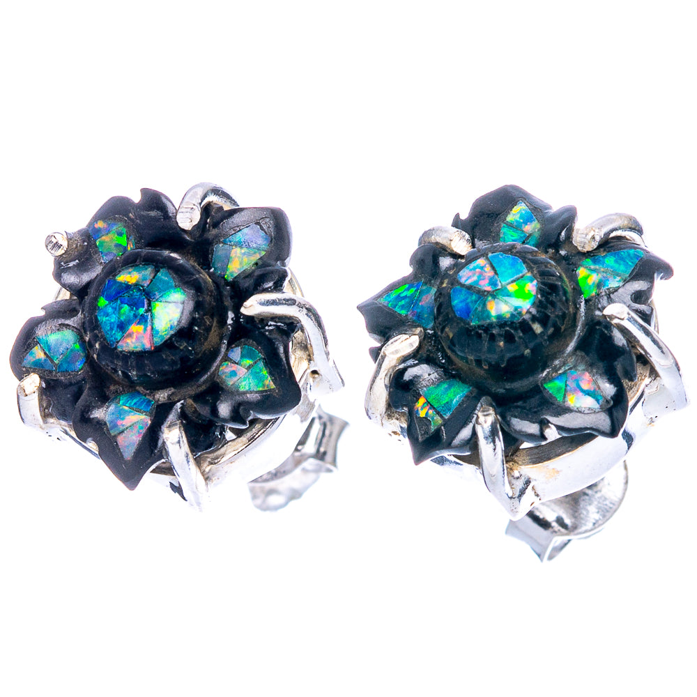 Rare Opal Black Onyx Flower Earrings 1/2" (925 Sterling Silver) E1129