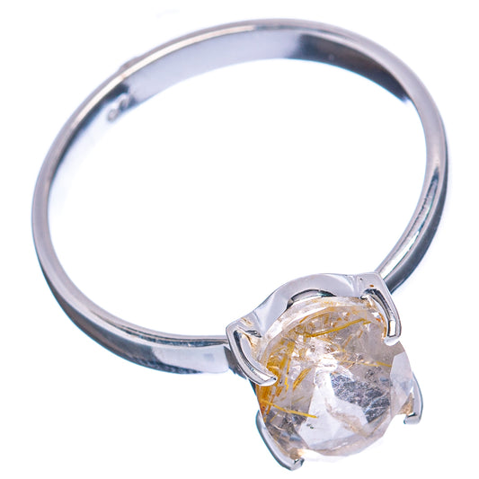 Sterling silver rutilated quartz ring, round clear stone in four-prong setting