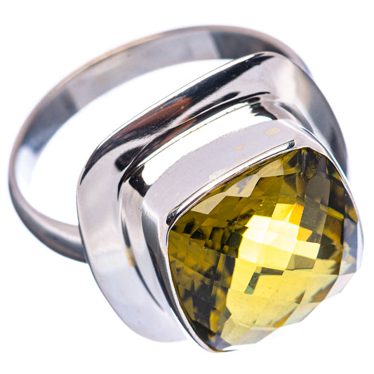 Sterling silver ring with side profile and faceted olive-yellow quartz gemstone