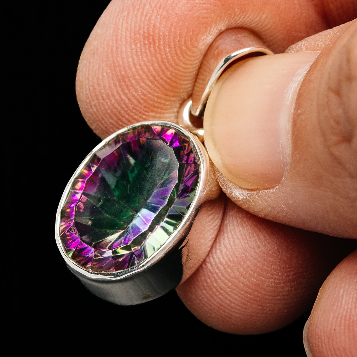 Premium 15ct Faceted Mystic Topaz Pendant 1 1/8" (.925 Sterling Silver)
