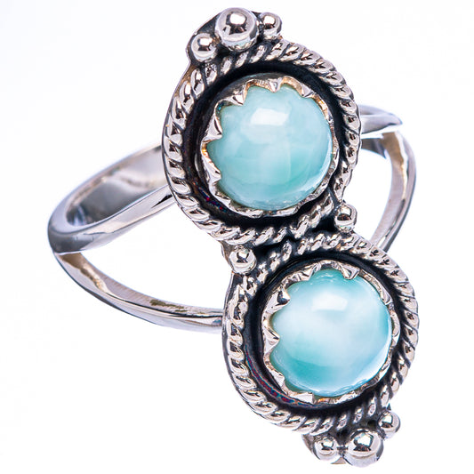 Ornate sterling silver larimar ring, two oval bezel-set light-blue stones on band