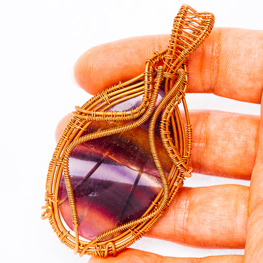 Banded Fluorite Wire Wrap Pendant 3 1/8" (Copper)