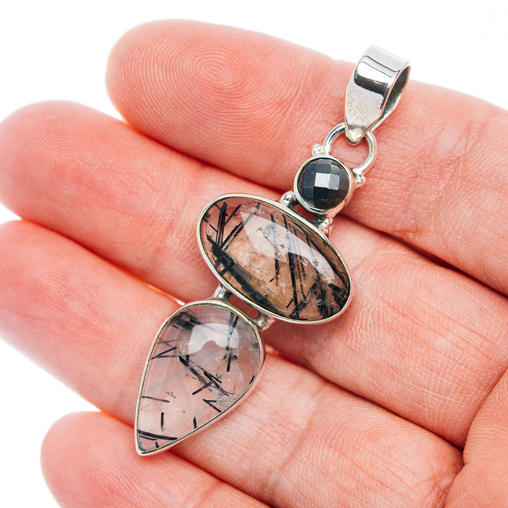 Premium Tourmalinated Quartz, Hematite Pendant 2 1/8" (.925 Sterling Silver)