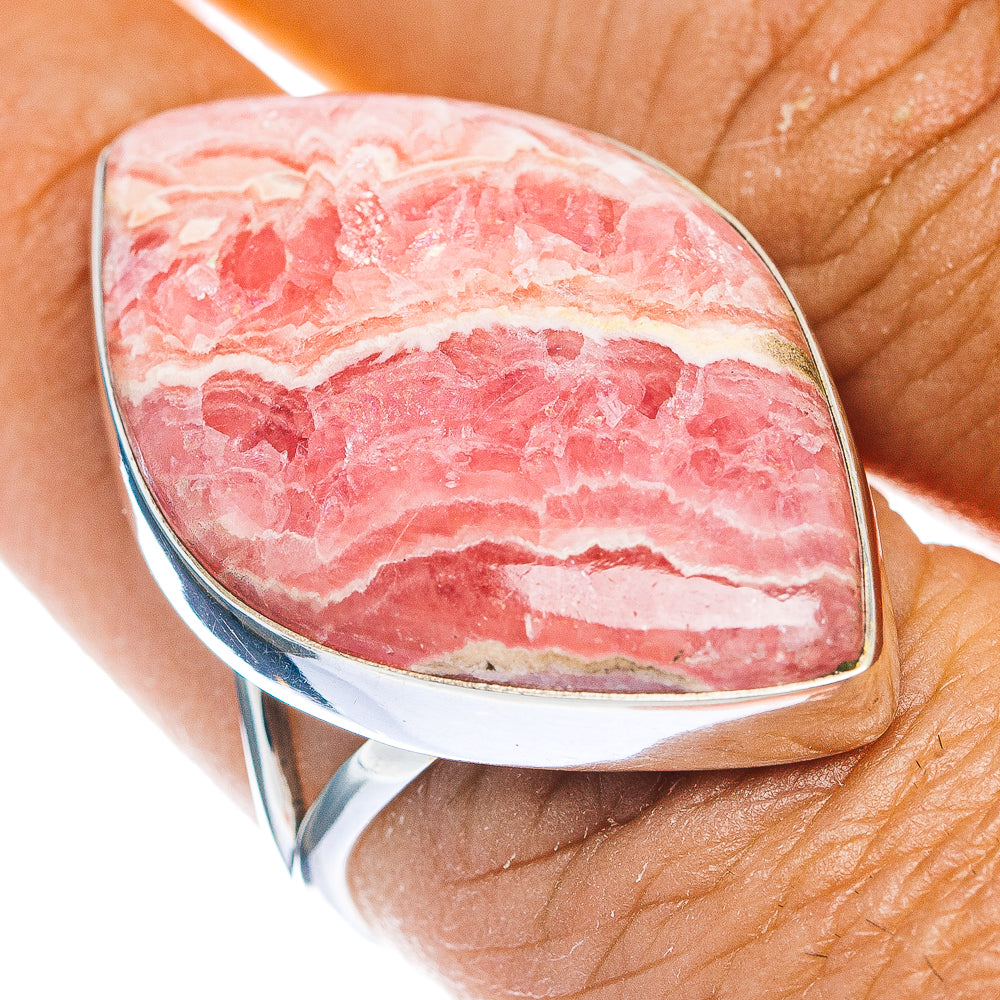 Oval pink rhodochrosite cabochon sterling silver ring